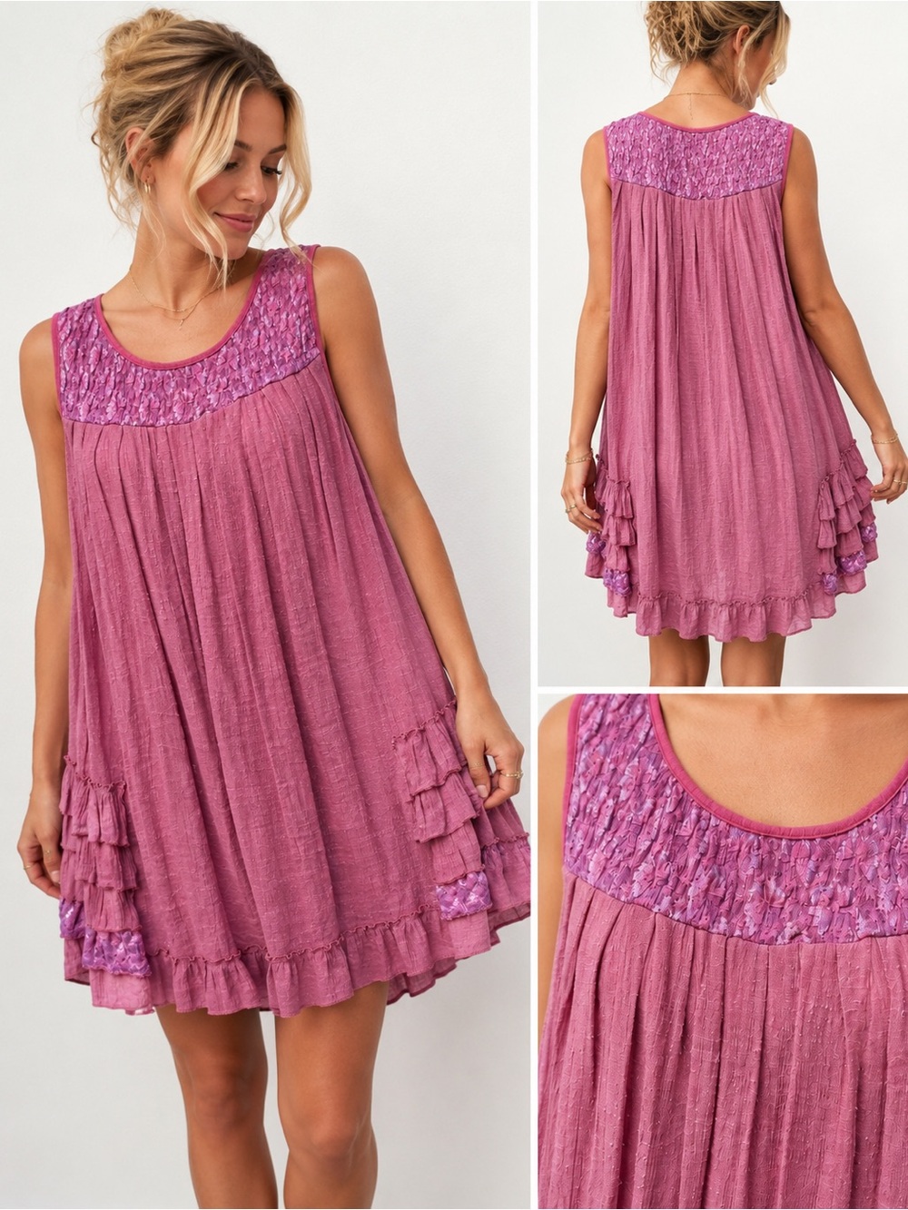 Boho Mauve Sleeveless Tunic Dress | Medium -Textured Yoke | Ruffle Hem